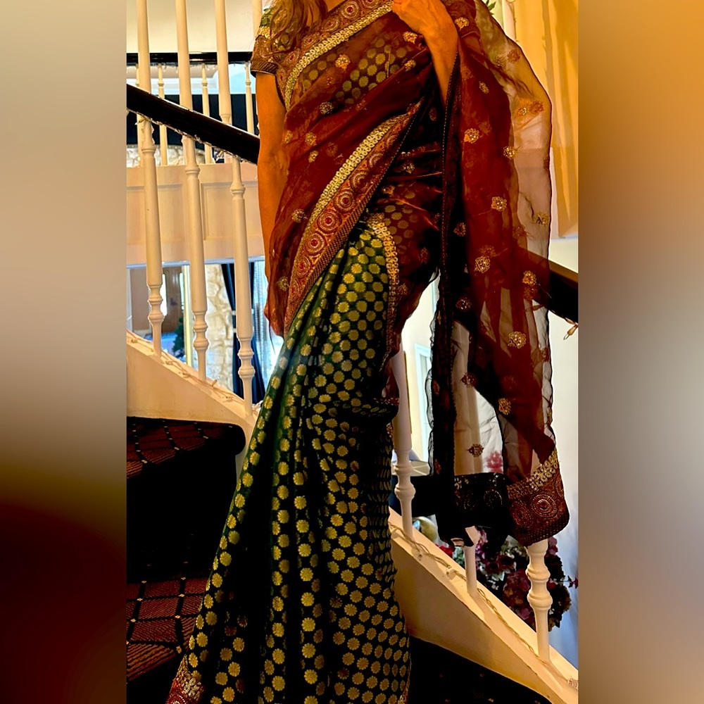Sari Saree with Blouse. Green Gold & Brown . Chiffon/organza .